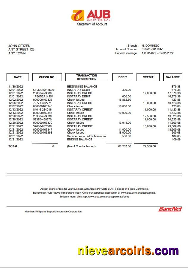 Philippines Asia United Bank (AUB) account statement